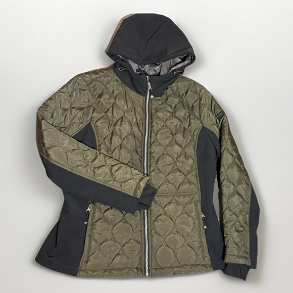 Skechers Women's Small Diamond Puffer Black Green Jacket Size L Large Hooded - Picture 1 of 9